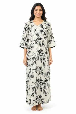 Off White & Black Rayon Frill Feeding Nighty with ruffled waist detail and side-zip nursing access
