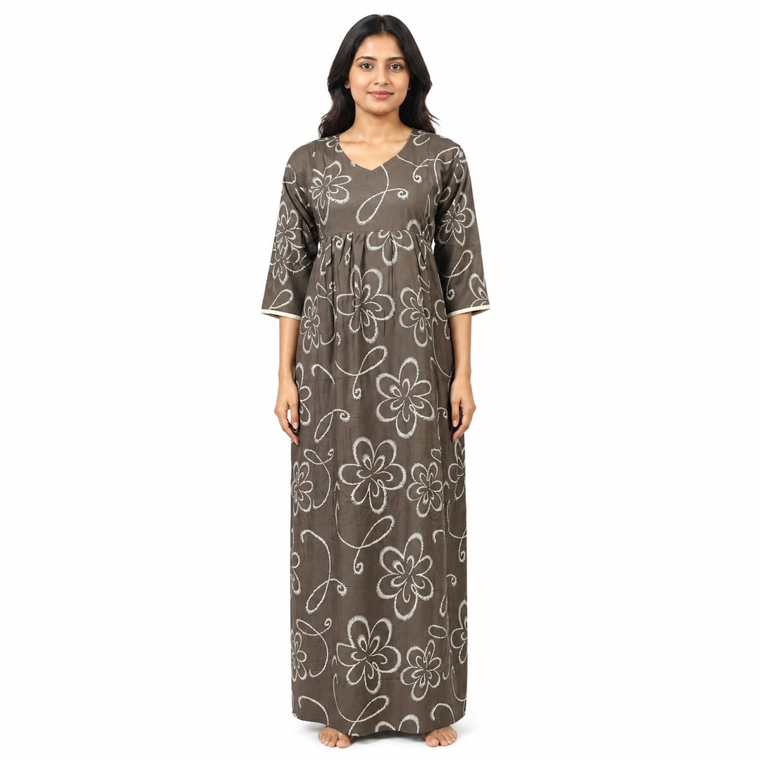 Pale Brown Rayon Frill Feeding Nighty with ruffled waist detail and dual concealed nursing zips