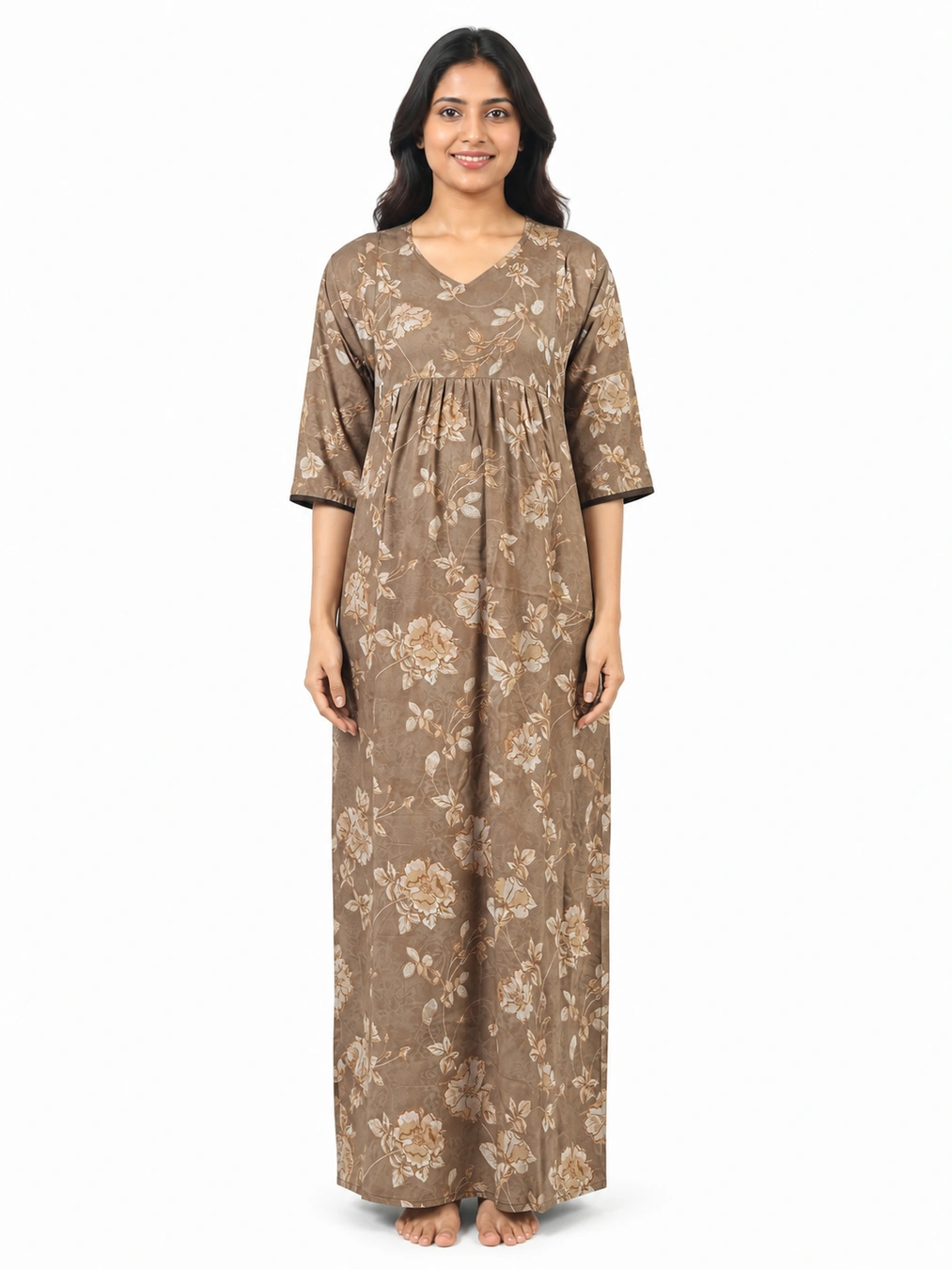 Mud Brown Alpine Frill Feeding Nighty with ruffled waist detail and dual concealed nursing zips