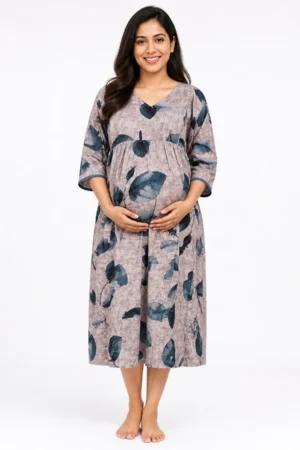 Dusty Pink Short Rayon Feeding Frock Nighty with ruffled waist and dual concealed nursing zips