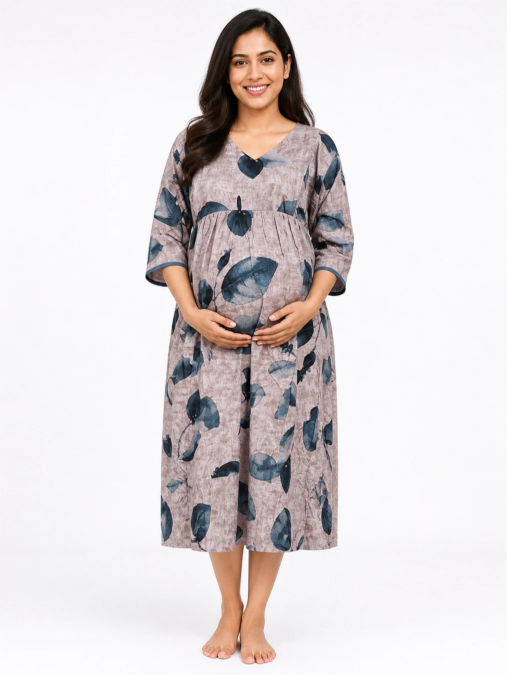 Dusty Pink Short Rayon Feeding Frock Nighty with ruffled waist and dual concealed nursing zips