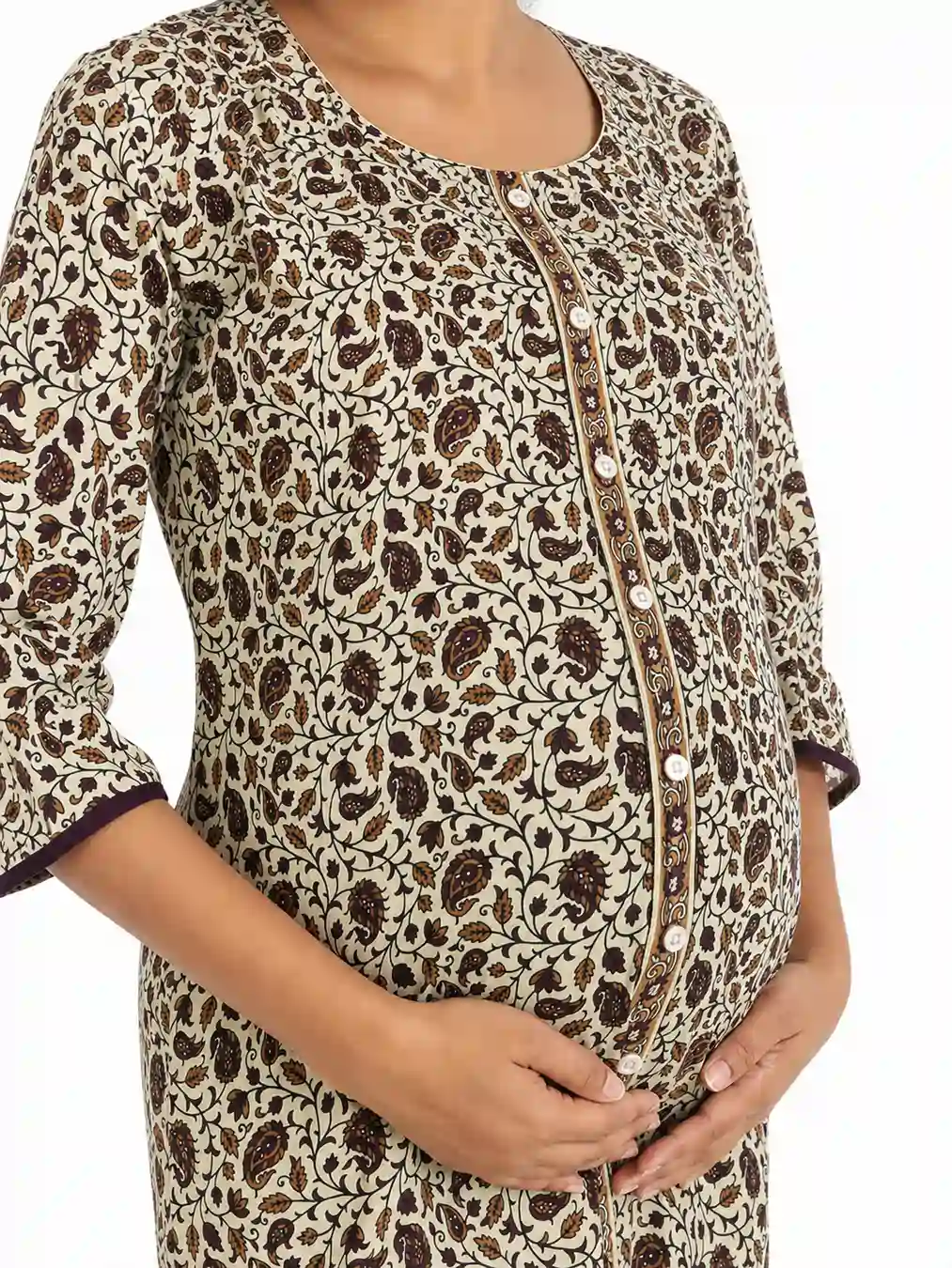 Olive Green cotton maternity nighty with full-front button opening