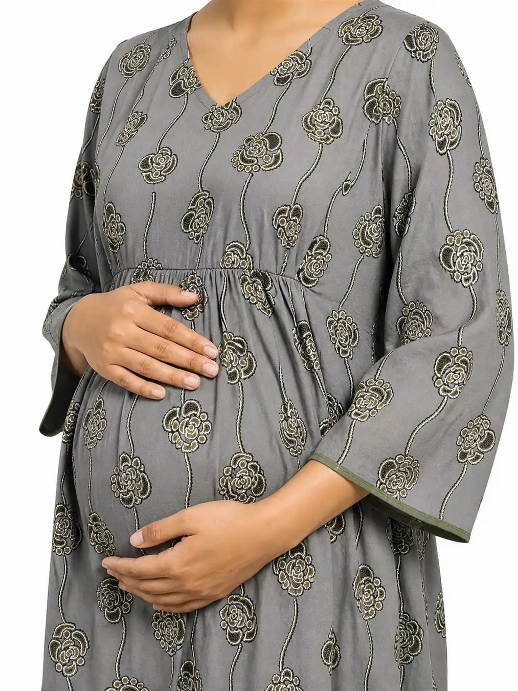 Ash Green Short Rayon Feeding Frock Nighty with ruffled waist and dual concealed nursing zips
