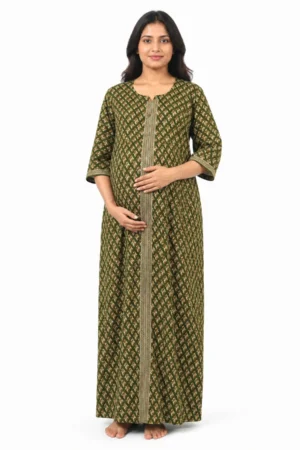 Olive Green cotton maternity nighty with full-front button opening
