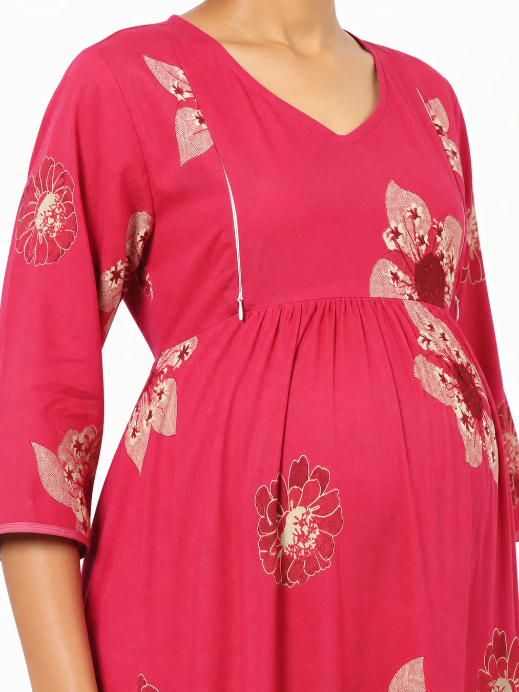 Magenta Pink Rayon Frill Feeding Nighty with ruffled waist detail and dual concealed nursing zips