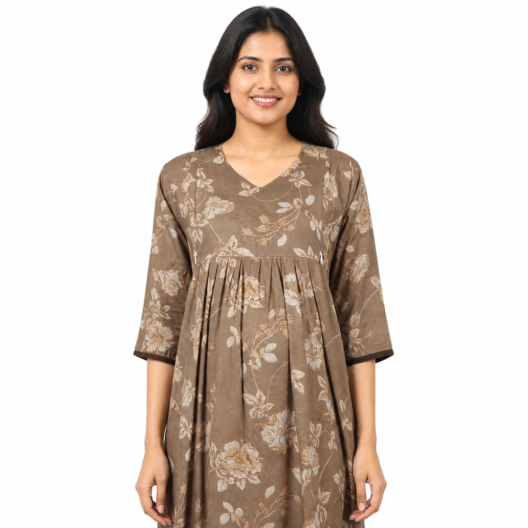 Mud Brown Alpine Frill Feeding Nighty with ruffled waist detail and dual concealed nursing zips