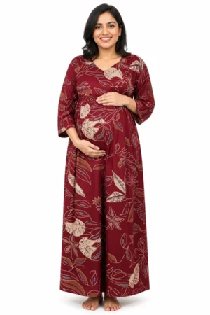Maroon Alpine frill feeding nighty with concealed nursing zips