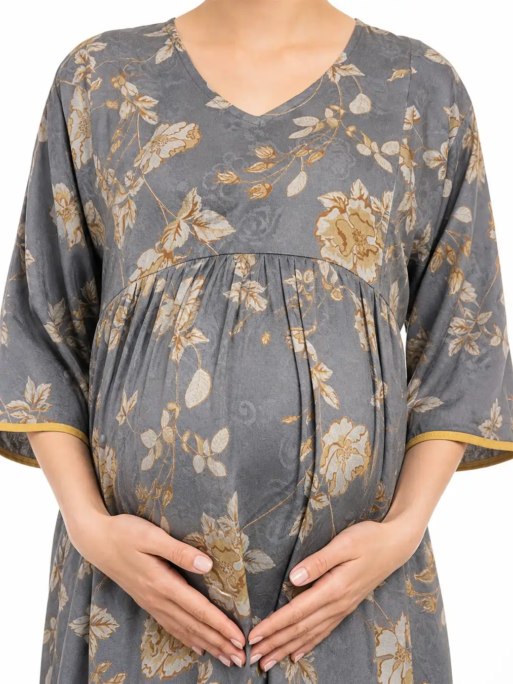 Grey Alpine Frill Feeding Nighty with ruffled waist detail and dual concealed nursing zips