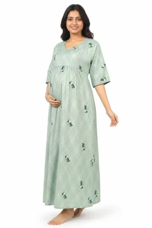 Light Green frill feeding nighty with ruffled waist and concealed nursing zips